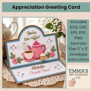 Appreciation Greeting Card SVG Template, Friendship, Tea Teapot, Cricut & Silhouette, Digital Download