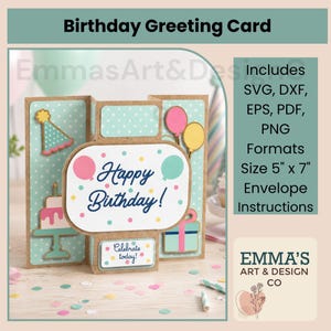 Puede incluir: Tarjeta de felicitación de cumpleaños con fondo blanco y la frase "Happy Birthday!" en escritura azul. La tarjeta incluye una tarta, globos y un regalo. La tarjeta mide 12,7 cm x 17,8 cm e incluye instrucciones.
