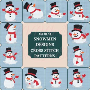12 Snowman Cross Stitch Patterns, Christmas Winter Designs, 3.75” on 16 Count Aida, DMC Thread, Holiday Cross Stitch PDF, Christmas Snowmen