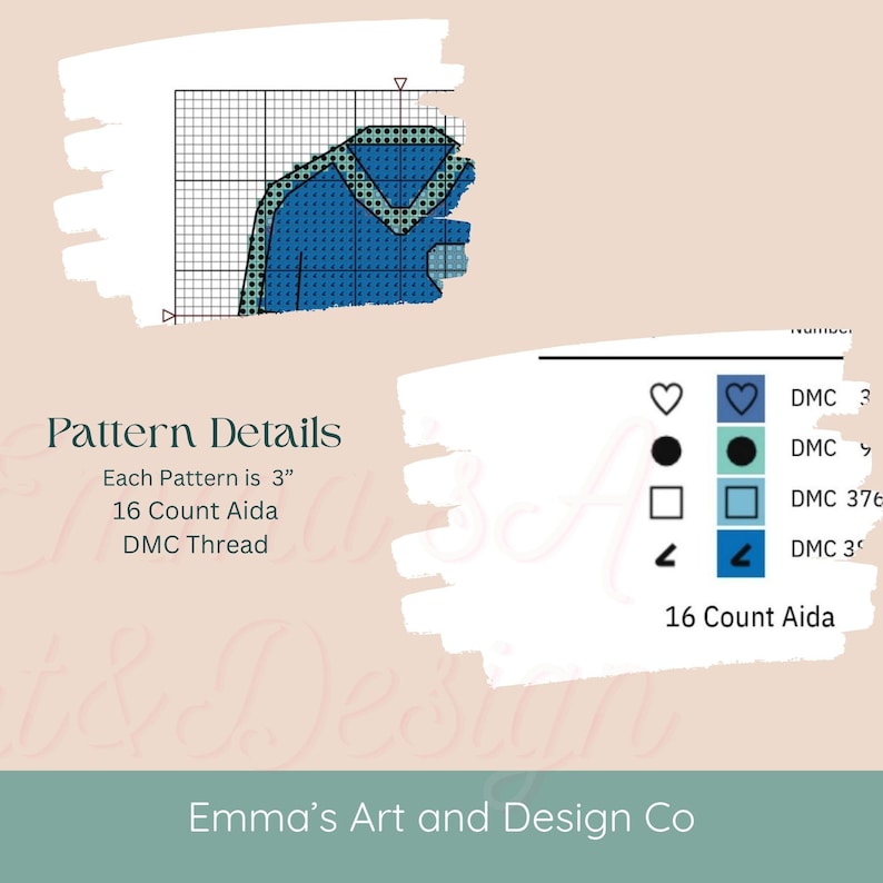 May include: Cross-stitch pattern details with a blue and green design. The pattern is 3 inches and uses 16 count Aida and DMC thread. The image includes color codes and the text "Emma's Art and Design Co."