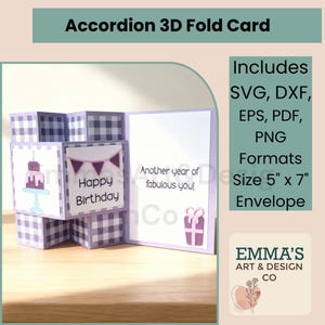 3D Accordion Fold Birthday Card SVG Template with Layered Birthday Cake, Pop Up Card SVG for Cricut Silhouette, Birthday Card File, DIY Card