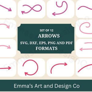 May include: A collection of twelve pink arrows in various designs, set against a white background. The image includes a dark teal banner with the text "SET OF 12 ARROWS" and file format options. The bottom of the image displays "Emma's Art and Design Co."