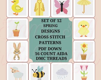 Spring Cross Stitch Pattern Bundle, Easter Animals Flowers (PDF Download)