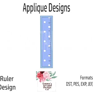 Könnte beinhalten: Ein hellblaues Lineal-Design mit weißen Tupfen, beschriftet mit "Ruler Design" und "Applique Designs". Das Bild enthält Größenoptionen von 3,8 cm bis 12,7 cm und verschiedene Dateiformate. Das Design stammt von Emma's Art and Design Co.