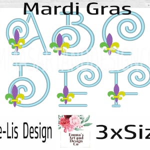 Mardi Gras Alphabet Machine Embroidery, Alphabet Machine Embroidery Design, Mardi Gras Machine Embroidery, Fleur-De-Lis, Mardi Gras Design