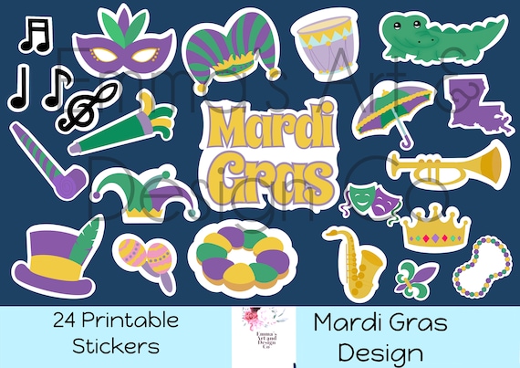 Mardi Gras Stickers, Printable Mardi Grad Stickers, Carnival Stickers,  Party Sticker, Mardis Gras Design, Planner Sticker, Sticker Download 