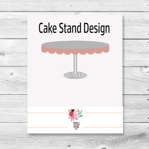 May include: A white cake stand design with a gray top and a pink scalloped edge. The stand has a single, round, silver base. The text "Cake Stand Design" is at the top of the image. The text "Emma's Art and Design Co." is at the bottom of the image.