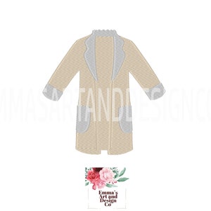 May include: A beige long-sleeved cardigan with a gray collar and pockets. The cardigan is a simple design with a relaxed fit.