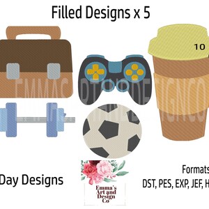 Op de afbeelding: Vijf borduurmotieven voor Vaderdag, waaronder een aktetas, een halter, een voetbal, een videogamecontroller en een kopje koffie. De ontwerpen zijn verkrijgbaar in 10 maten van 0,75 inch tot 5 inch en in de volgende formaten: DST, PES, EXP, JEF, HUS, VIP, XXX.