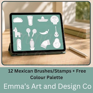 Puede incluir: Una pantalla de tableta que muestra doce iconos de arte lineal blanco sobre un fondo verde salvia, incluyendo un taco, vaso, sombrero, calavera, piñata, maracas, chile, guitarra, burrito, cactus, bota y aguacate, con un lápiz óptico al lado.