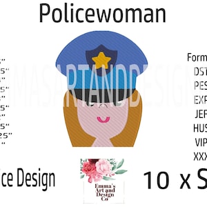 May include: A blue and gold police officer hat with a brown hair design. The image includes a size chart in inches and a list of embroidery file formats. The text "Policewoman" and "10 x Sizes" are also included in the image.