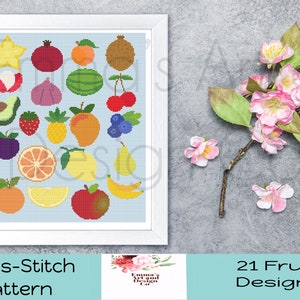 21 x Fruit Cross-Stitch Patterns, Mini Cross-Stitch Patterns, Counted Cross Stitch Pattern, Fruit Cross-Stitch, Beginner X-Stitch, Food Item