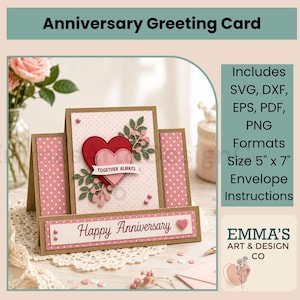 May include: An anniversary greeting card featuring a layered heart design with the text TOGETHER ALWAYS and a base strip with the text Happy Anniversary. The card has a pink polka dot pattern, green leaf accents, and measures 12.7 cm by 17.8 cm.