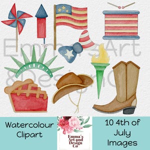 Puede incluir: Conjunto de imágenes prediseñadas de acuarela con símbolos patrióticos del 4 de julio. Incluye un molinillo, fuegos artificiales, bandera estadounidense, pajarita, corona de la Estatua de la Libertad, pastel, sombrero de vaquero, antorcha, tambor y bota de vaquero. Texto: "Watercolour Clipart" y "10 4th of July Images."