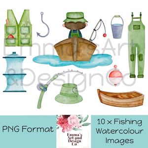 Vissen aquarel clipart bundel - 10 PNG visuitrusting afbeeldingen, Fisherman Gear Graphics, digitale download, sublimatie aquarel