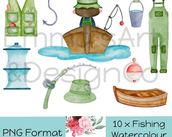 Vissen aquarel clipart bundel - 10 PNG visuitrusting afbeeldingen, Fisherman Gear Graphics, digitale download, sublimatie aquarel