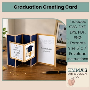 May include: A navy blue and gold graduation greeting card with the text "The Future Starts Now" and "Congratulations Graduate!". The card is 5" x 7" and includes SVG, DXF, EPS, PDF, and PNG formats.