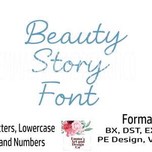 Può includere: Font di scrittura blu in corsivo per ricamo, chiamato "Beauty Story Font". Il font include lettere maiuscole, lettere minuscole e numeri. Il design è disponibile in quattro dimensioni: 2,5 cm, 3,8 cm, 5 cm e 6,3 cm. Il font è disponibile nei seguenti formati: BX, DST, EXP, JEF, PE Design, VIP e XXX.