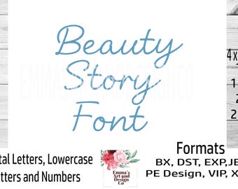 May include: Blue script font design for embroidery, called "Beauty Story Font".  The font includes capital letters, lowercase letters, and numbers.  The design is available in four sizes: 1 inch, 1.5 inches, 2 inches, and 2.5 inches.  The font is available in the following formats: BX, DST, EXP, JEF, PE Design, VIP, and XXX.