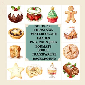 Ilustraciones navideñas en acuarela: postres navideños, set de repostería festiva, pudín de jengibre, stollen, panettone, dulces navideños.