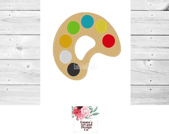 May include: A brown paint palette with seven circular wells filled with different colors of paint. The colors are red, yellow, orange, green, blue, white, and black.