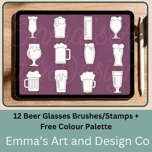 May include: A digital tablet displays 12 white outline illustrations of beer glasses and mugs on a purple background. The text at the bottom reads "12 Beer Glasses Brushes/Stamps + Free Colour Palette Emma's Art and Design Co."