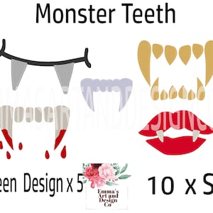 Peut inclure: Une feuille de conception numérique présentant cinq styles différents de dents de monstre en dix tailles. Les dents sont de différentes couleurs, notamment le rouge, le blanc et l'or. La feuille de conception comprend le texte "Monster Teeth" et "Halloween Design x 5" et "10 x Sizes".