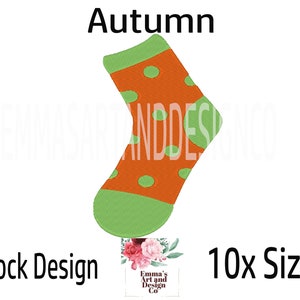 May include: Autumn sock design with orange and green polka dots. The design includes the text "Autumn" and "Sock Design".