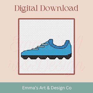 May include: A digital download cross-stitch pattern featuring a blue running shoe design. The shoe has white laces and a black sole with a dotted pattern. The text "Digital Download" is at the top, and "Emma's Art & Design Co" is at the bottom.