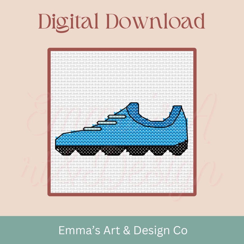 May include: A digital download cross-stitch pattern featuring a blue running shoe design. The shoe has white laces and a black sole with a dotted pattern. The text "Digital Download" is at the top, and "Emma's Art & Design Co" is at the bottom.