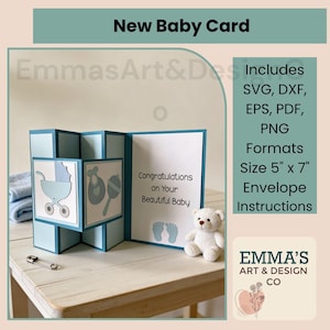 May include: A light blue and white baby card with a stroller and rattle design. The card reads "Congratulations on Your Beautiful Baby." Includes SVG, DXF, EPS, PDF, and PNG formats. The card is 5" x 7". A small teddy bear sits next to the card.