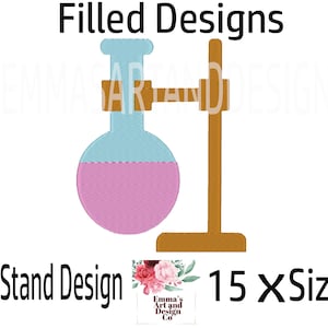 May include: An embroidery design of a blue and pink round flask on a brown clamp stand. The design is available in 15 sizes.  The text "Clamp Stand Design" and "15 X Sizes" is also included in the image.