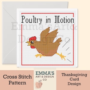 5x5 Thanksgiving Cross Stitch Card Pattern PDF, Chicken Autumn DIY Card, Modern Fall Cross Stitch, Instant Download, Poultry In Motion