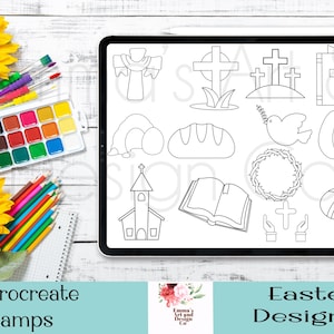 May include: A digital art design featuring 13 Procreate stamps with Easter-themed illustrations. The stamps include crosses, a dove, eggs, a church, and an open book. The image also includes sunflowers, colored pencils, and a watercolor palette.