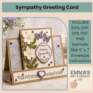 May include: A 5 inch by 7 inch sympathy greeting card featuring a layered design with white flowers, purple butterflies, and a central label reading With Deepest Sympathy. The card includes side panels with a floral pattern and a bottom border with a heart.