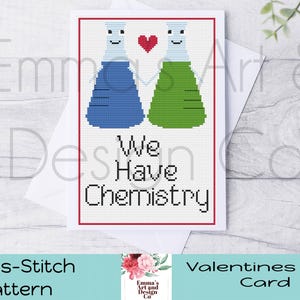 Valentijnskaart kruissteekpatroon, digitale pdf, getelde kruissteekkaart, download, We Have Chemistry, Science pun Card, Valentijnsdag