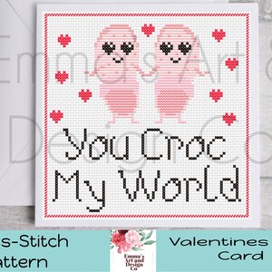Valentijnskaarten kruissteekpatroon, digitale pdf, getelde kruissteekkaart, download, You Croc My World, Croc Pun Card, Valentijnsdag