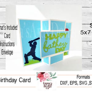 Puede incluir: Una tarjeta emergente del Día del Padre con un tema de cricket. La tarjeta presenta una silueta de un bateador, las palabras "Happy Father's Day" en verde y mide 12,7 x 17,8 cm. Incluye tarjeta, instrucciones y sobre.