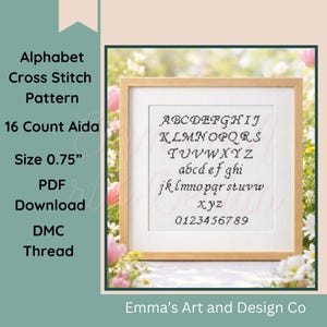 May include: A framed cross-stitch alphabet pattern. The design features uppercase and lowercase letters, along with numbers. The frame is light brown, and the background is a soft, floral arrangement. The size is 1.9 cm.