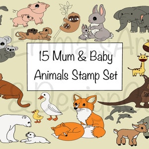 15 Pincel procreado de mamá y bebé, Descarga de procreado del Día de la Madre, Conjunto de sellos procreado de Momi IPad, Descarga de procreado de mamá, Conjunto de pinceles de animales