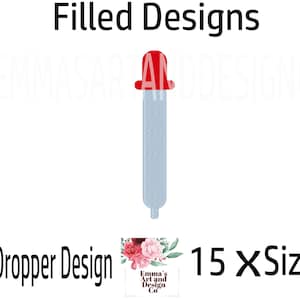 Puede incluir: Diseño de gotero de pipeta con 15 tamaños. El diseño es una pipeta azul llena con una parte superior roja. El texto "Pipette Dropper Design" está en texto negro en la parte inferior izquierda de la imagen. El texto "15 X Sizes" está en texto negro en la parte inferior derecha de la imagen. El texto "Filled Designs" está en texto negro en la parte superior de la imagen.