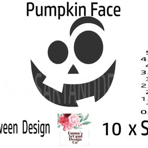 May include: A black and white digital design of a pumpkin face with a mischievous grin. The design is available in 10 sizes, ranging from 0.5 inches to 5 inches. The text "Pumpkin Face" and "Halloween Design" are also included in the image.