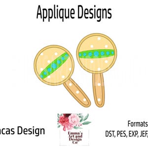 May include: Two cartoon maracas with a light yellow background and white polka dots. The maracas have a green and blue stripe across the middle. The image includes the text "Applique Designs" and "Maracas Design".