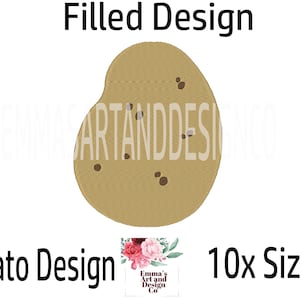 May include: A tan potato design with brown spots, labeled "Filled Design" and "Potato Design." The image also includes the text "10x Sizes" and a logo with flowers and the text "Emma's Art and Design Co."