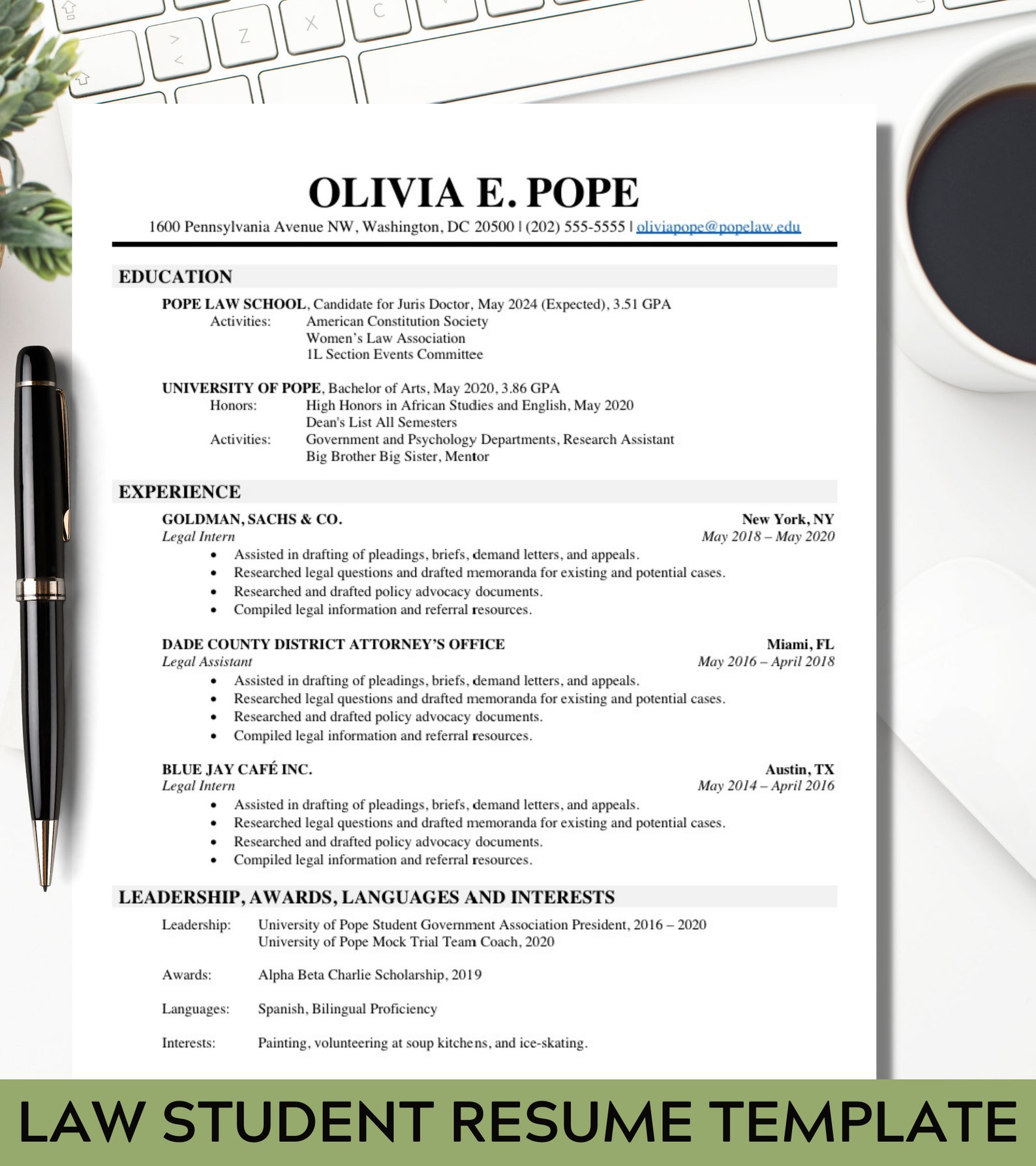 Law Student Resume Template Cover Letter and References Etsy