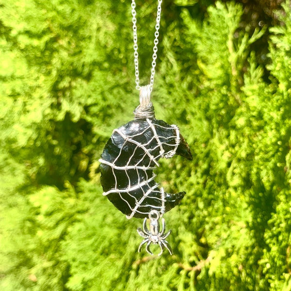 Spider Web Obsidian Moon Necklace