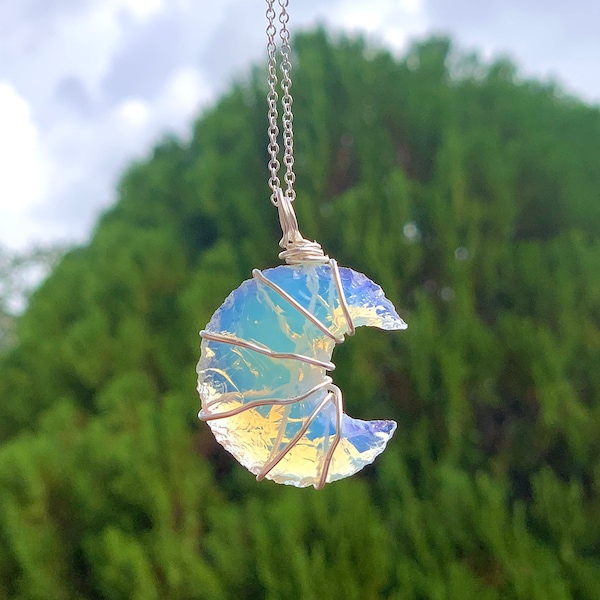 Opalite Moon Wire Wrapped Necklace