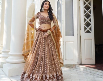 Brown Lehenga Choli: Indian Wedding Wear with Zari Embroidery Work Lehengas Party Wear