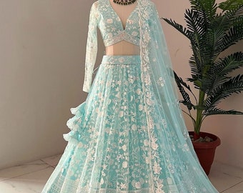 Sky blue lehenga choli for women indian wedding party wear lehenga choli reception wear function wear sangeet night wear chaniya choli