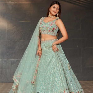 May include: A light green embroidered lehenga choli set. The sleeveless top features floral embroidery, and the skirt has intricate patterns. A matching sheer dupatta with a floral border completes the ensemble. The text "Blacknooz" is visible on the skirt.